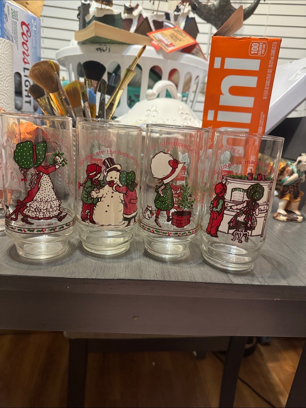 Vintage Holly Hobbie Holiday Glasses 4— Red & Green Festive Scenes